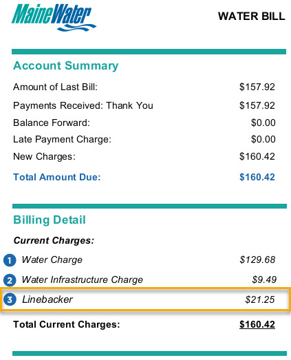 Sample of a Maine Water bill with Linebacker charge section highlighted