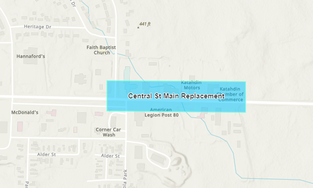 Map showing Central Street water main replacement area