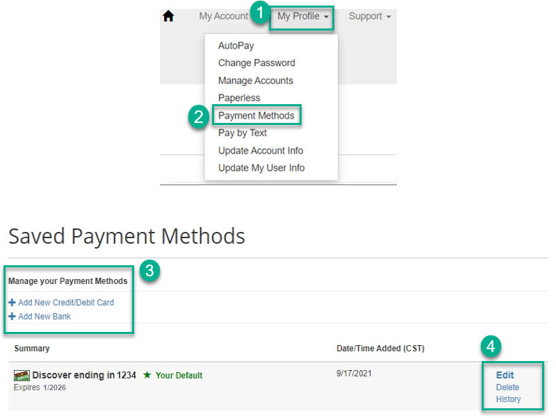 screenshot from invoice cloud providing step-by-step visual for how to change/manage payment methods