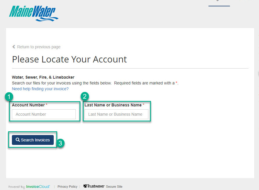 screenshot from invoice cloud providing step-by-step visual for how to locate your account