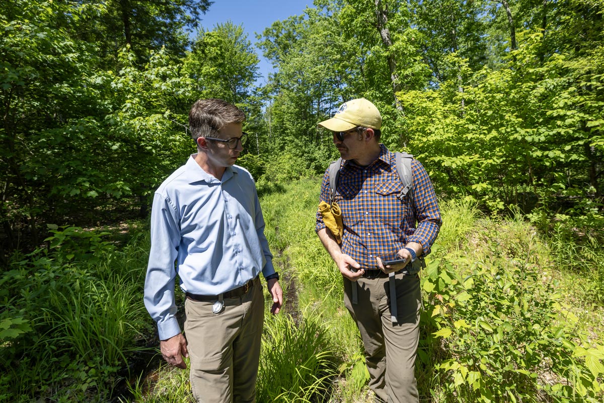 Maine Coast Heritage Trust begins work to build a trail network in the forest adjacent to Maine Water's treatment facility.